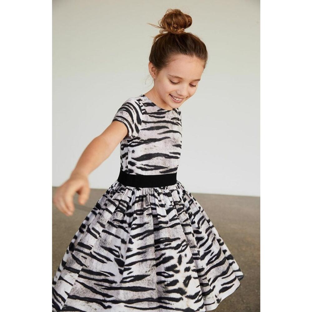 Molo Girls White Candy Tiger Animal Print Ft And Flare Dress size 9-10